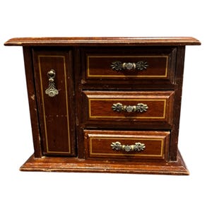 Vintage Wooden Jewelry Box with 3 Drawers & Fold-Down Ring Storage | Mid-Century Jewelry Organizer with Velvet Lining