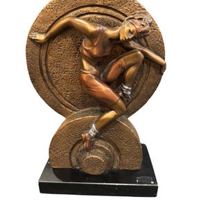 Vintage 1993 Austin Productions Art Deco Sculpture – Modern Dancer Figurine – Bronze Tone on Black Base