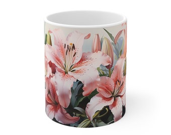 Lilies Ceramic Mug 11oz, Boho Wildflowers, Pastel Floral, Botanical Tea Cup, Gift for Her