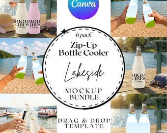 Zip-Up Bottle Cooler Mockup Canva Template Bundle Minimalistic 6 Pack Glass Bottle Sleeve Cozie Gift Party Favor Family Holiday Birthday