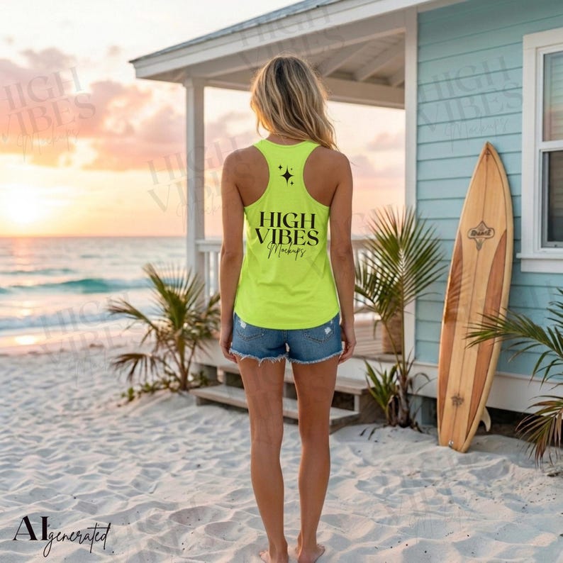 May include: A neon yellow tank top with the text "HIGH VIBES Mockups" in black script. The tank top is worn with denim shorts. A wooden surfboard leans against a light blue beach house.