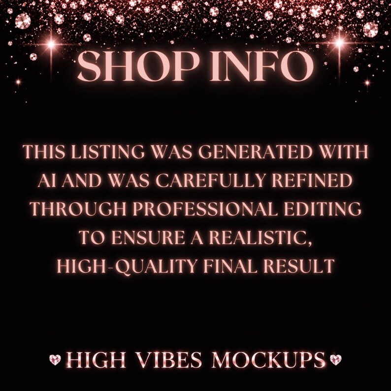 May include: Black background with the text "SHOP INFO" in a light pink font. Below, text reads "THIS LISTING WAS GENERATED WITH AI AND WAS CAREFULLY REFINED THROUGH PROFESSIONAL EDITING TO ENSURE A REALISTIC, HIGH-QUALITY FINAL RESULT." The bottom text says "HIGH VIBES MOCKUPS".