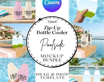 Zip-Up Bottle Cooler Mockup Canva Template Bundle Poolside 3 Pack Glass Bottle Sleeve Cozie Gift Party Favor Family Holiday Birthday Party