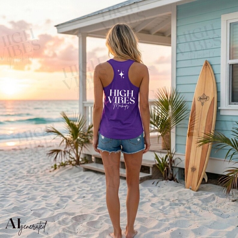 May include: A woman wearing a purple tank top with the text "HIGH VIBES Mockups" and denim shorts stands on a sandy beach. A wooden surfboard leans against a light blue building. The background features a sunset over the ocean.