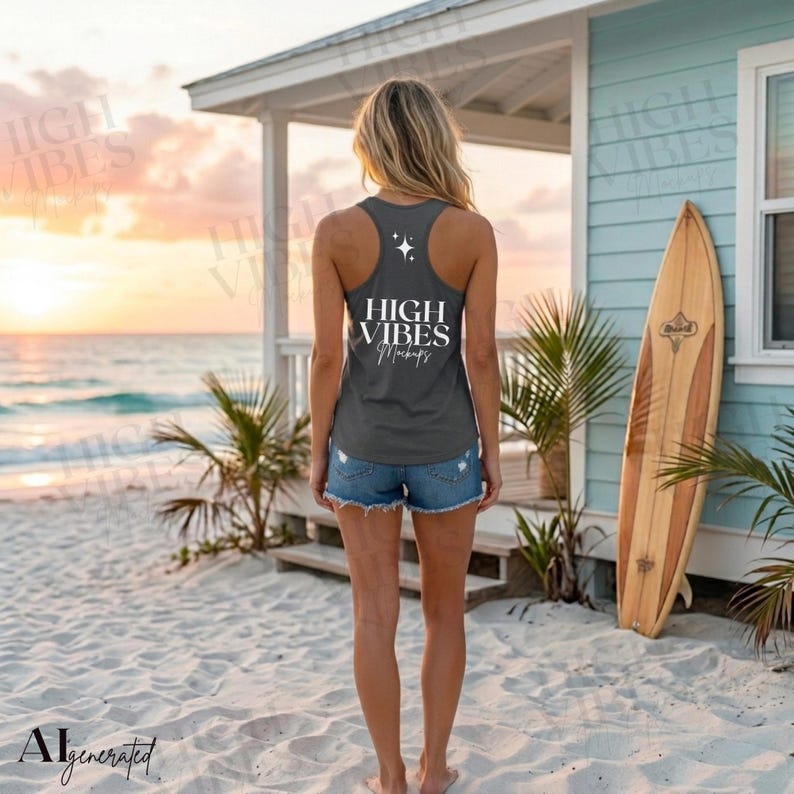 May include: A woman stands on a sandy beach wearing a dark gray tank top with the words "HIGH VIBES Mockups" in white. She is wearing denim shorts. A surfboard leans against a light blue building. The background shows the ocean and a sunset.