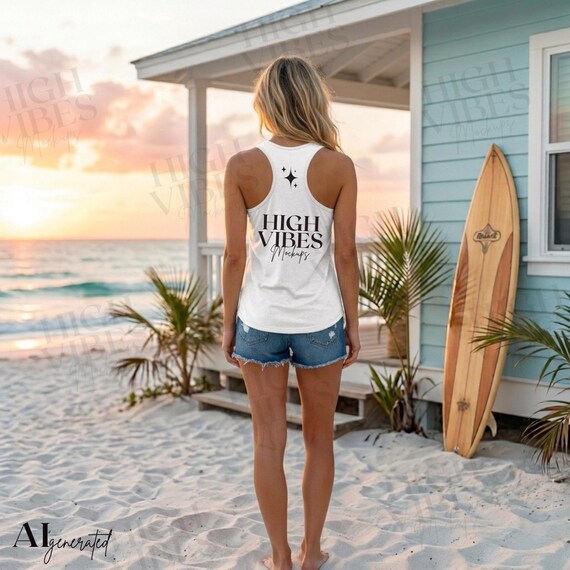 Sport-Tek LST356 White Racerback Tank Mockup, Beach Sunset Lifestyle Model (Digital File)