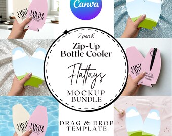 Zip-Up Bottle Cooler Mockup Canva Template Bundle Flat Lay 7 Pack Glass Bottle Sleeve Cozie Gift Party Favor Family Holiday Birthday Party