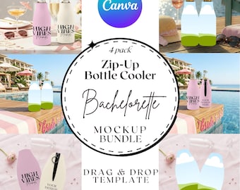 Zip-Up Bottle Cooler Mockup Template, Bachelorette 4 Pack Canva Template Bundle