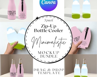 Zip-Up Bottle Cooler Mockup Canva Template Bundle Minimalistic 3 Pack Glass Bottle Sleeve Cozie Gift Party Favor Family Holiday Birthday