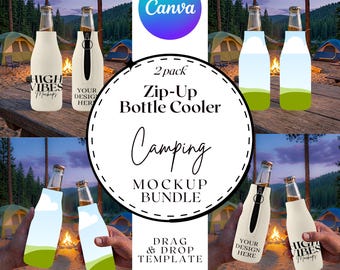 Zip-Up Bottle Cooler Mockup Canva Template Bundle Camping 2 Pack Glass Bottle Sleeve Cozie Gift Birthday Party Favor Bachelor Party