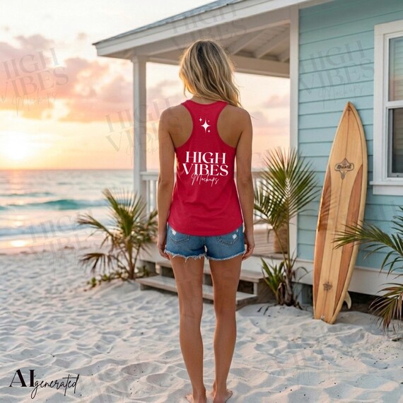 Sport-Tek LST356 True Red Racerback Tank Mockup, Beach Sunset Lifestyle (Digital File)