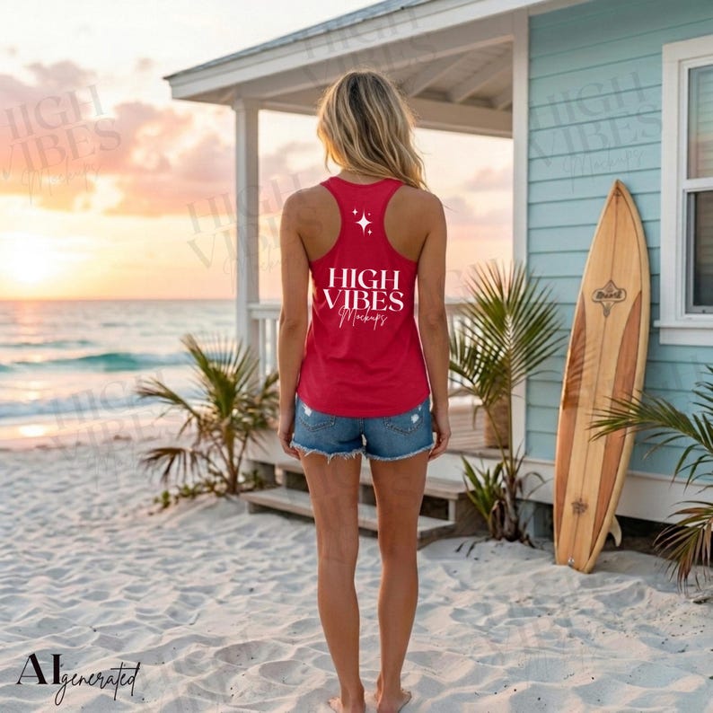 May include: A red tank top with the text "HIGH VIBES Mockups" in white, worn with denim shorts. The image is taken on a beach with a surfboard and a light blue building in the background.