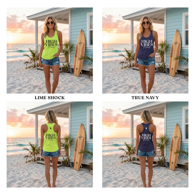 May include: A woman wearing a lime green tank top with the text "HIGH VIBES" in white. The woman is standing on a sandy beach in front of a light blue beach house. A wooden surfboard leans against the house.