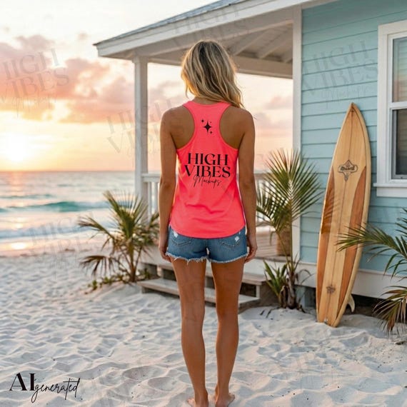 Sport-Tek LST356 Hot Coral Racerback Tank Mockup, Beach Sunset Lifestyle (Digital File)