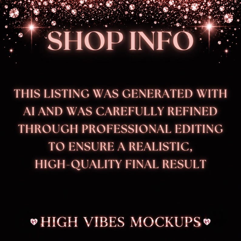 May include: Black background with the text "SHOP INFO" in a light pink font. The text "THIS LISTING WAS GENERATED WITH AI AND WAS CAREFULLY REFINED THROUGH PROFESSIONAL EDITING TO ENSURE A REALISTIC, HIGH-QUALITY FINAL RESULT" is also displayed. The words "HIGH VIBES MOCKUPS" are at the bottom.