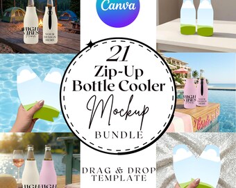Zip-Up Bottle Cooler Mockup Canva Template Bundle Minimalistic 21 Pack Glass Bottle Sleeve Cozie Gift Party Favor Family Holiday Birthday