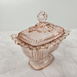 Indiana Glass Lace Edge Pink Footed Candy Dish Compote, Ribbed and Lidded Depression Glass Rectangular Compote