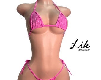 Rhinestone Micro Bikini Thong Set, Pink Exotic Dancewear
