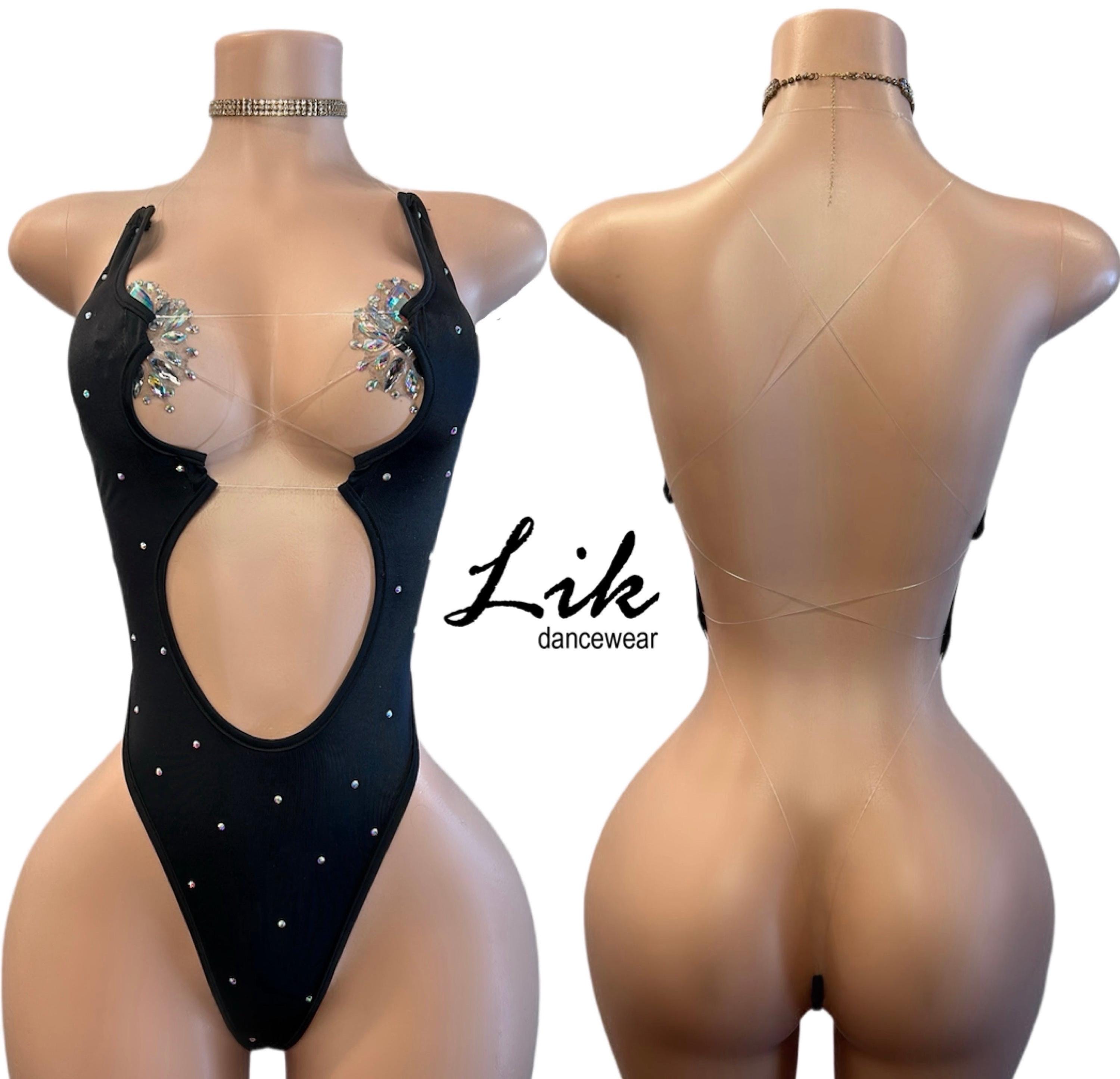 Exotic Dancewear, Stripper One Piece: Solid Black Morrigan Clear String