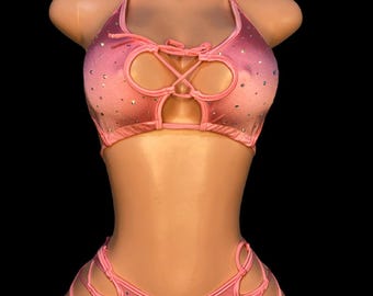 Pink Lace Up Rhinestone Dancewear, Exotic Outfit