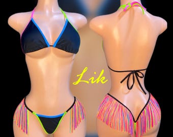 Exotic dancer Rainbow Pride Fringe Black Bikini Two Piece for Dancers, Pole Dancing, Stripper, Sexy Lingerie, Pride Rave lgbtq  Pride