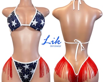 Exotic dancer American Flag Fringe Two Piece for Dancers, Pole Dancing, Stripper, Sexy Lingerie, July 4th Rave Women’s Nightclub Liberty