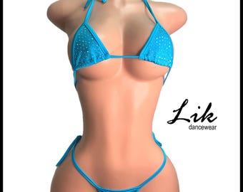 Rhinestone Micro Bikini, Turquoise Exotic Dancewear