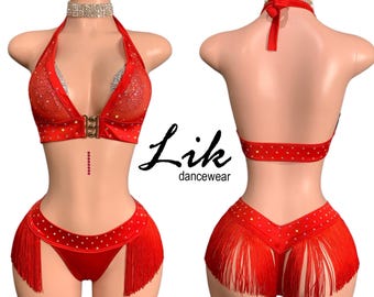 Rhinestone Fringe Exotic Dancer Outfit - Handmade Two Piece Set “celebrity”