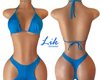 Exotic Dancewear, Stripper Bikini Top and Shorts: Two Piece Short Set with rhinestones, Cut-outs, and Bikini Top Ashley Adult Short Set