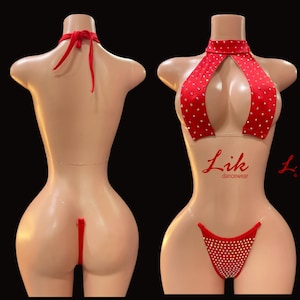 Exotic Dancewear Red , Stripper rhinestone bikini : Two piece set with clear straps rhinestones thong. Rave outfit Rhinestones collar F1