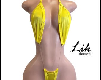 Yellow Rhinestone One Piece Thong, Exotic Dancewear