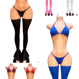 Exotic dancewear chaps Rhinestone Bikini  Set with  Legs pieces, Rave outfit stripper 3 piece set