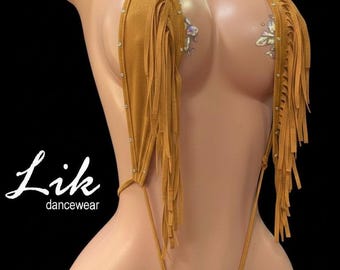 Conjunto de stripper color camel bronceado con flecos de pedrería, tanga de una pieza, ropa de baile exótica, tirachinas para chicas de webcam
