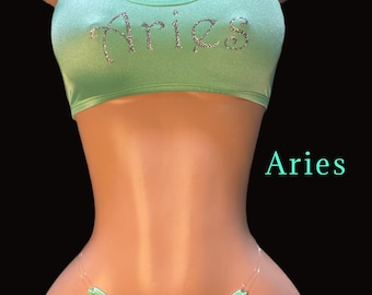Exotic Dancewear, Aries symbol mint crop top with thong Stripper Two  Piece zodiac