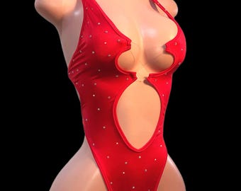 Exotic Dancewear, Stripper One Piece: Solid Red or Hunter green Morrigan Clear String