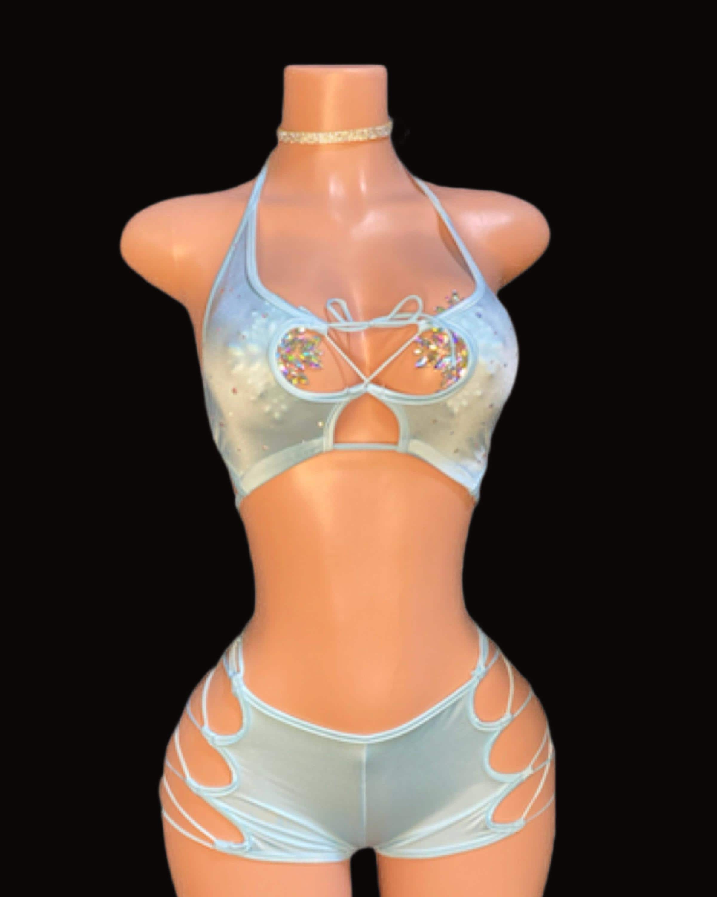 Stripper Race Light Blue Lace Up Cut Out Two Piece for Exotic Dancewear, Pole Dancing, Bottle Girls, Cam Girls, Nightclub, Lingerie, Ice