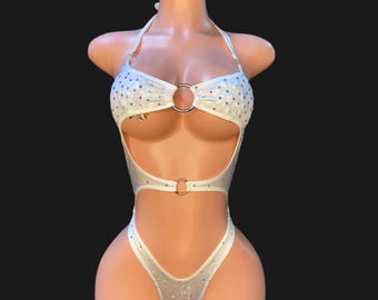 Autumn white  Rhinestone One Piece thong, Exotic Dancewear, Cam girls, bottle girls