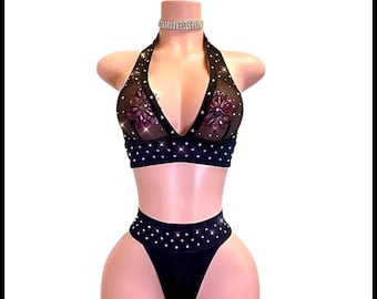 Rhinestone Rave Set: Black Spandex Two-Piece Festival Outfit