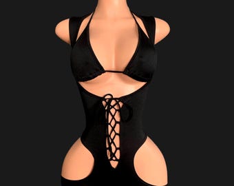 Rave One-Piece Black, Rave Outfit For Women, Festival Bikini Bra, Festival Outfit Women, Burning Man Outfit Woman, Lace Up Party Concert