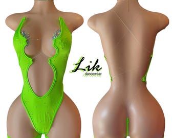 Exotic Dancewear, Stripper One Piece: Solid Neon Green Morrigan Clear String