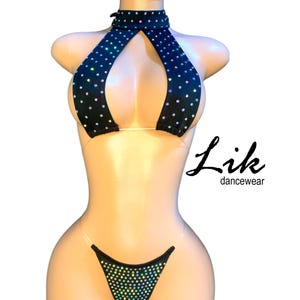 Exotic Dancewear Black , Stripper rhinestone bikini : Two piece set with clear straps rhinestones thong. Rave outfit Rhinestones collar F1