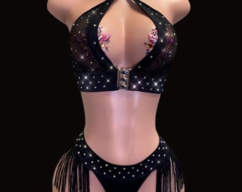 Stripper outfit exotic dancer two piece with Fringe and Rhinestone Black front clip - Celebrity