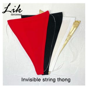 Könnte beinhalten: Eine Auswahl an Tanz-Tangas in Rot, Schwarz, Weiß und Gold. Jeder Tanga hat ein unsichtbares String-Design. Das Bild enthält den Text "Invisible string thong" und den Markennamen "Lik dancewear".