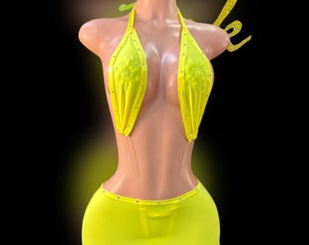 ラインストーン付きワンピースTバックショーツとスカートのセット、エキゾチックダンスウェア