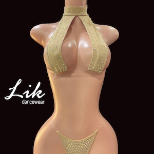 Exotic Dancewear Tan , Stripper rhinestone bikini : Two piece set with clear straps rhinestones thong. Rave outfit Rhinestones collar F1