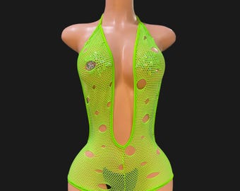 Exotic Dancewear,  Neon Fishnet Stripper Romper Halter, Ravewear