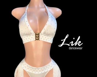 Exotic Dancer Outfit  white fringe Handmade Two Piece Set “celebrity”