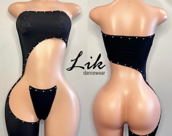Exotic Dancewear, Stripper Two Piece Solid Black One Leg Rhinestone Romper with Matching Clear String Rhinestone Thong Sex Symbol