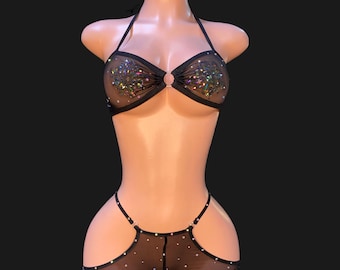 Ropa de baile exótica, estilo "peek-a-boo", ropa para strippers, ropa para raves, ropa para conciertos (dos piezas)