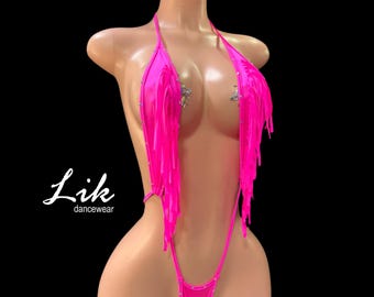 Stripper outfit Pink Rhinestone  fringe One Piece thong, Exotic Dancewear, Cam girls slingshot
